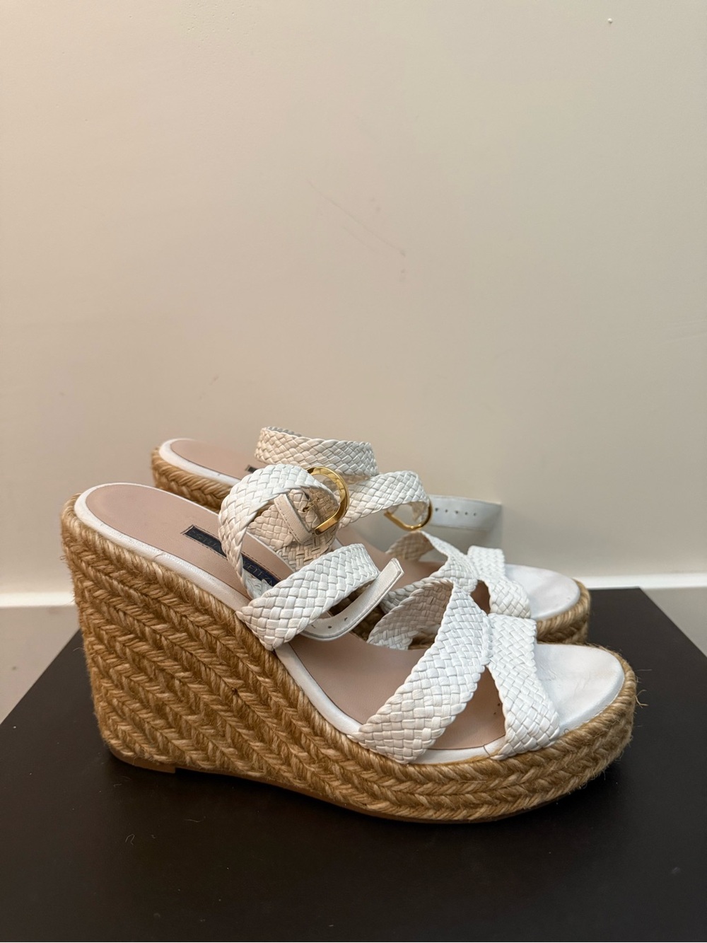 Stuart Weitzman White Braided Espadrille Wedge Sandals- Size 8.5M
